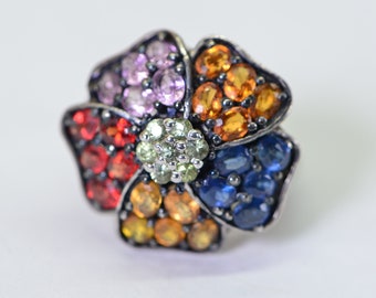 Multi Color Sapphire Ring Large Flower Ring Multi Stone Fancy Ring Statement Ring Gift For Her Colorful Sapphire Estate Ring 7US