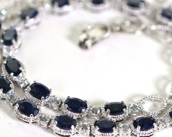 Sapphire and Diamond  Tennis Necklace 14K White Gold Over  Sterling Silver Sapphire Choker Necklace 16 inches