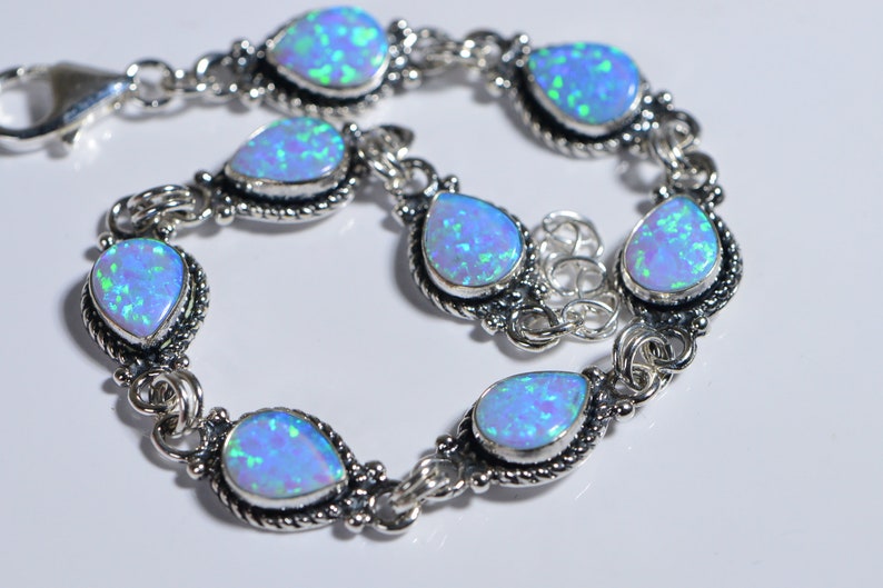 Blue Opal Bracelet Sterling Silver Chain Gemstone Bezel Etsy