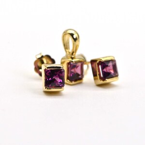 14K Solid Gold Princess Cut Extra Small Genuine Rhodolite Garnet Stud Earrings Set Earrings and Pendant Birthstone January