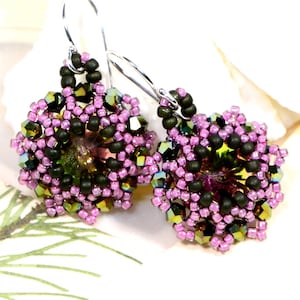 earrings swarovski rivoli and seed beads mystic topaz floral beaded