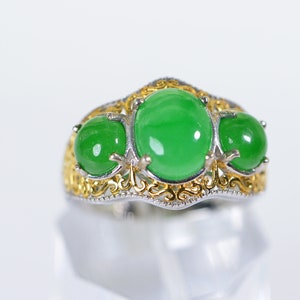 Vintage Apple Green Jade Trilogy Ring: 18K Gold Over Sterling Silver