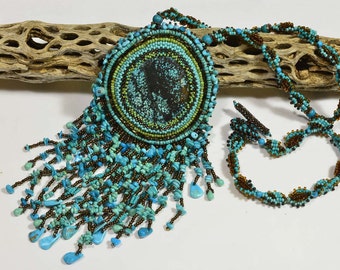 Tutorial Embroidery beaded Necklace Free Form Pendant Gemstone and Seed Beads Necklace Peyote Stitch Jewelry Seed Beads Necklace