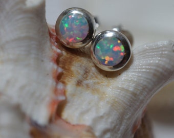 White Opal Stud Earrings Sterling Silver Earrings Opal Post Earrings