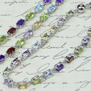 Custom Order -Natural  Garnet Amethyst Peridot Citrine Aquamarine Necklace Bracelet Set Sterling Silver Multi Gemstone Rainbow Chain