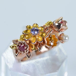 Multi Gemstone Flower Ring: Ruby, Tanzanite, Pearl, Rose Gold Vermeil, Size 6 image 10