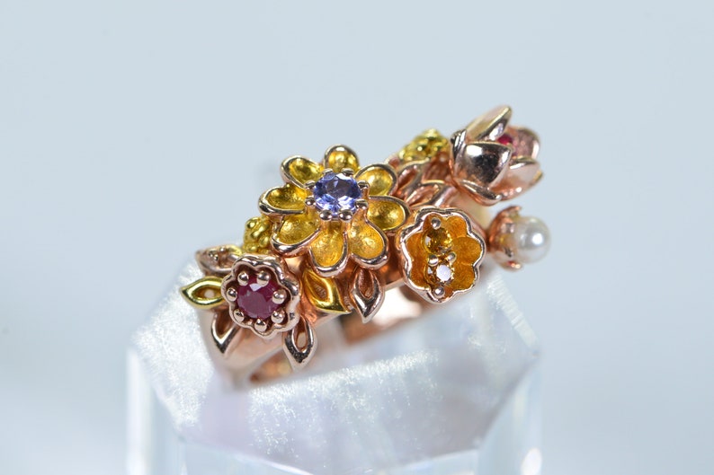 Multi Gemstone Flower Ring: Ruby, Tanzanite, Pearl, Rose Gold Vermeil, Size 6 image 10