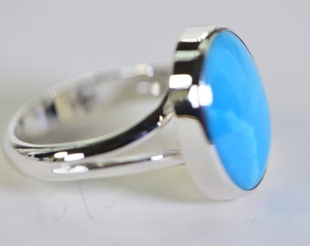 Arizona Turquoise  Sleeping Beauty Large Oval Ring  Sterling Silver Simple Elegant Bezel Set Split Shank Ring For Man Or Women Engagement