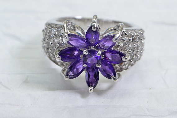 Natural Purple Amethyst Cluster Flower Ring In 14… - image 1