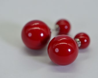 Red Coral Earrings  Double Sided Large Sphere ball Studs Sterling silver Vintage Earrings Gift For Women