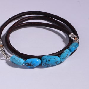 Sleeping Beauty Turquoise Leather wrap bracelet Boho Bracelet  Jewelry Hippie Bracelet Raw Nugget Turquoise Bracelet