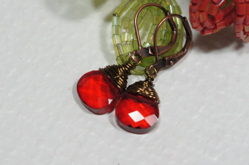 Glass Drop Earrings Red Briolette Earrings Copper Earrings image 3