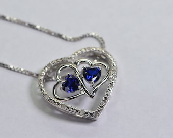 Double Heart Sapphire Diamond Pendant Sterling Silver Vintage Silver Sparkly