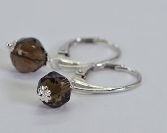 Natural Smokey Quartz  Dangle Earrings Sterling Silver Oval Hoop Earrings Drop Gemstone Earrings  Gift For Women