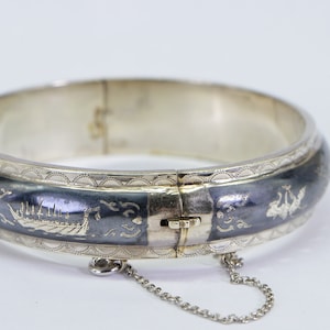 Vintage Siam Sterling Silver Bracelet, Enameled Siam Temple Dancer Bangle Bracelet