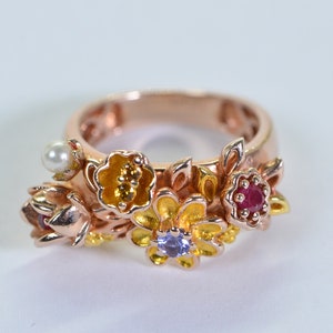 Multi Gemstone Flower Ring: Ruby, Tanzanite, Pearl, Rose Gold Vermeil, Size 6 image 6