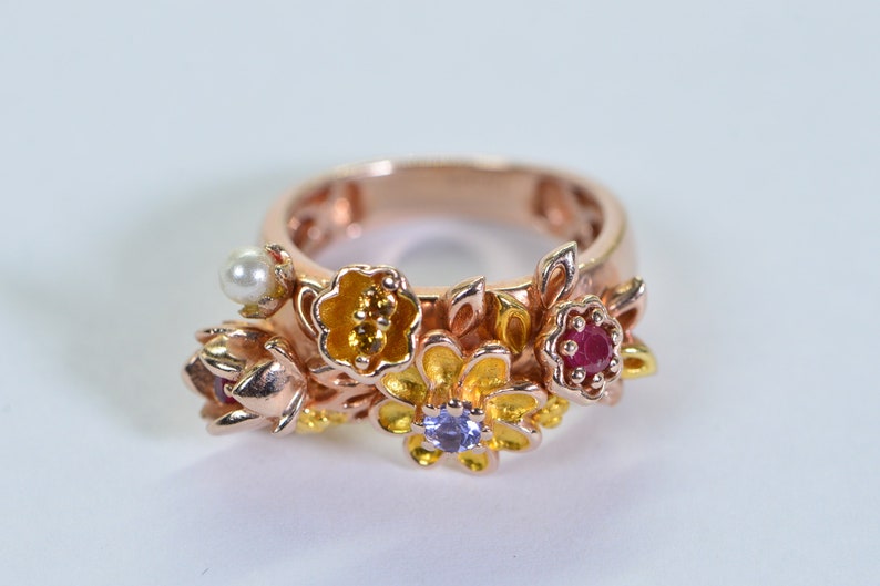 Multi Gemstone Flower Ring: Ruby, Tanzanite, Pearl, Rose Gold Vermeil, Size 6 image 6