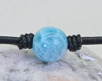 14mm Larimar Bead Bracelet: Single Round Blue Gemstone, Leather Necklace