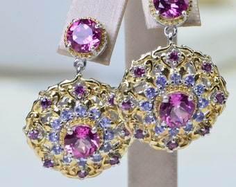 Pink Topaz Tanzanite Multi Stone  Lace Fancy Earrings Antique Sterling Silver Victorian Earrings Vintage Earrings