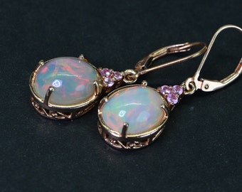 Authentic Ethiopian Welo Opal Natural Pink Sapphire Large Earrings  14K Rose Gold Vermeil  Birthstone October White Opal and Sapphire