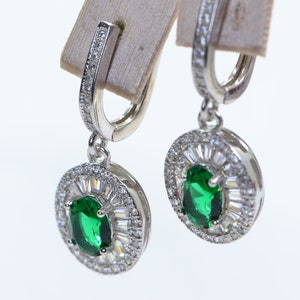 Emerald Diamond Earrings dangle Earrings Double Halo Baguette  Style Latch Back Earrings Birthstone May England Locks Ear Wire