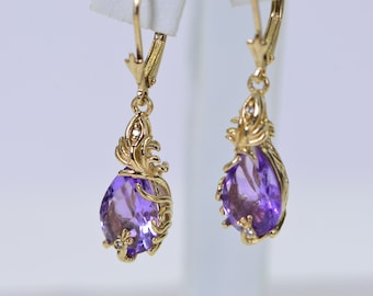 Peacock Earrings Natural Amethyst 14K Gold Vermeil Teardrop Dangle Earrings Birthstone February Mother Gift Idea