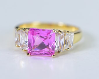Hot Pink and White Sapphire Princes Cut 14K Gold Over  Sterling Silver Multi Stone Cocktail Ring Anniversary Gift For Wife Princes Cut Stone