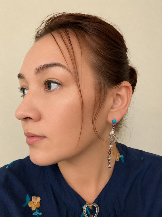 Long Cluster Turquoise Pearl Amethyst Multistone Earrings Statement Studs Dangle