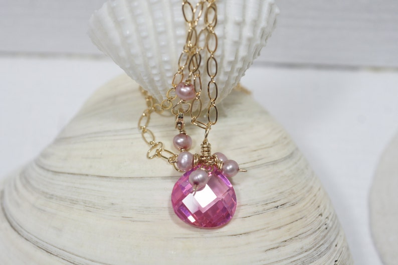 Pink Pearl and Cubic Zirconia Necklace 14k Gold Filled Jewelry Gemstone Necklace image 1