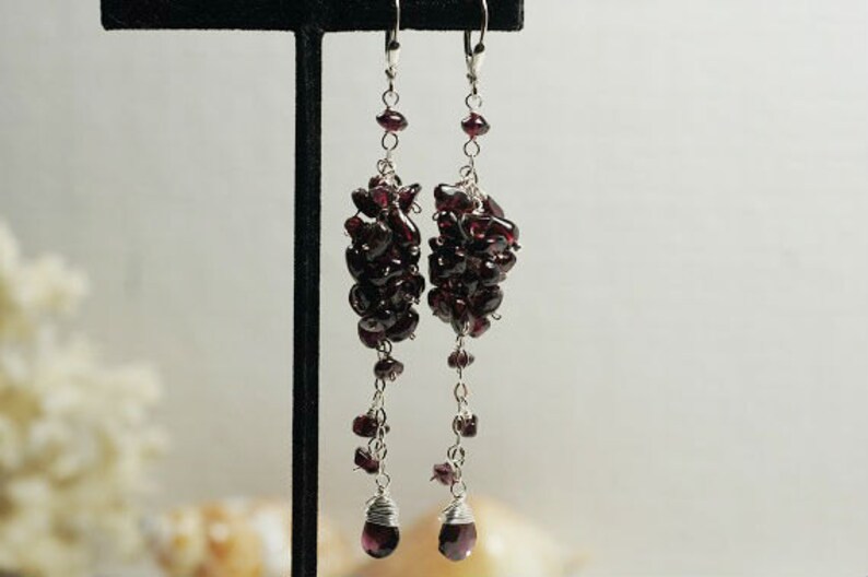 Garnet Red Earrings Long Cluster Earrings Natural Garnet On Sterling silver Birthstone For January Gemstone Earrings image 3