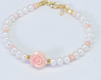 Queen Conch Shell Rose and White Freshwater Pearl Bracelet Carved Rose  12 mm Stretch  Adjustable Bracelet White and Pink Pearl Bracelet