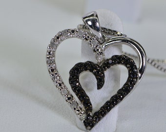 Black and White Diamond Double Hearts Pendant Necklace  Sterling Silver Rhodium Mother Day Gift