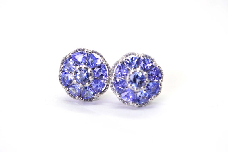 Genuine Tanzanite Flower Stud Earrings Trillion Cut Cluster Post Earrings Sterling Silver Birthstone December