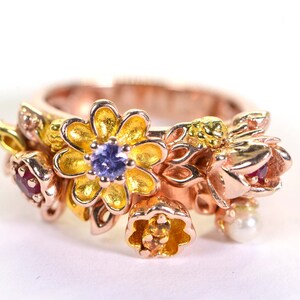 Multi Gemstone Flower Ring: Ruby, Tanzanite, Pearl, Rose Gold Vermeil, Size 6 image 2