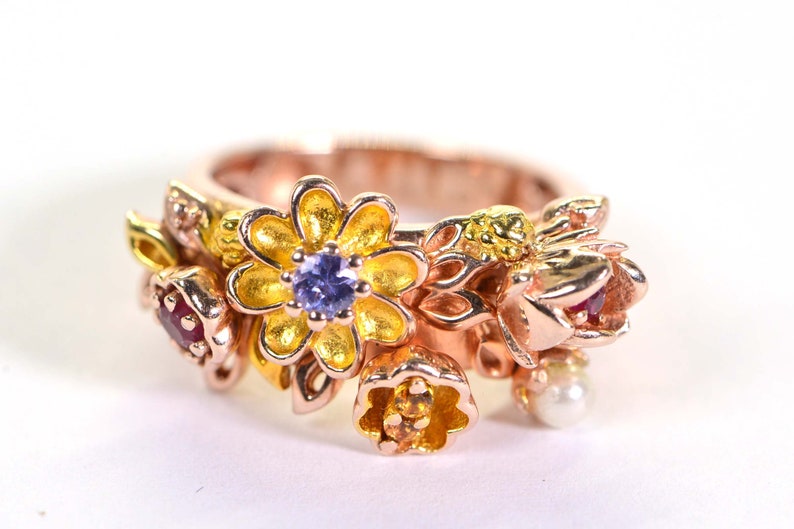 Multi Gemstone Flower Ring: Ruby, Tanzanite, Pearl, Rose Gold Vermeil, Size 6 image 2