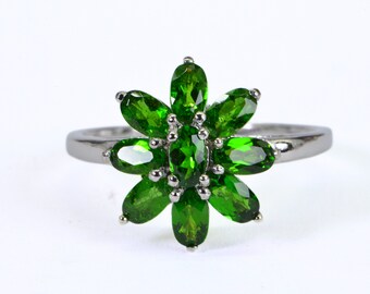 Diopside Flower  Ring  Oval Prong Set 14K Gold White over Sterling Silver Siberian emerald Floral Ring Cluster Ring