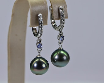 Tahitian Cultured Black Pearl Encrusted Diamond Dangle Stud Earrings Sparkly Cluster Stone Earrings