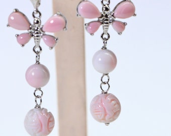 Queen Conch Pink Shell Earrings  14K White Gold Over Sterling silver Baby Pink Sell Butterfly Carved Round Ball Dangle Earrings