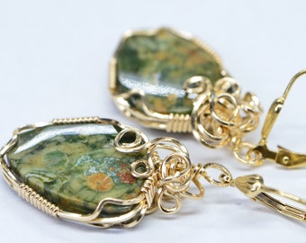 Genuine Rainforest Jasper  Earrings Wire Wrapped On 14K Yellow Gold Filled  Gemstone Earrings Green Stone Earrings