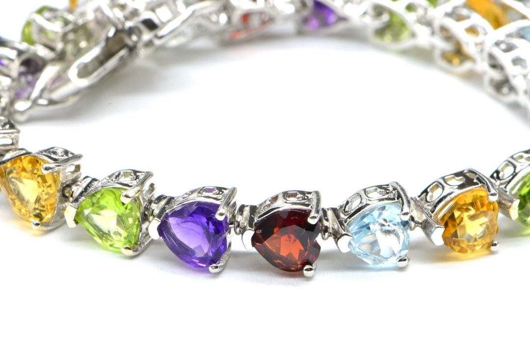 Multi Color Hearts Tennis Bracelet Sterling Silver Birthstone Rainbow