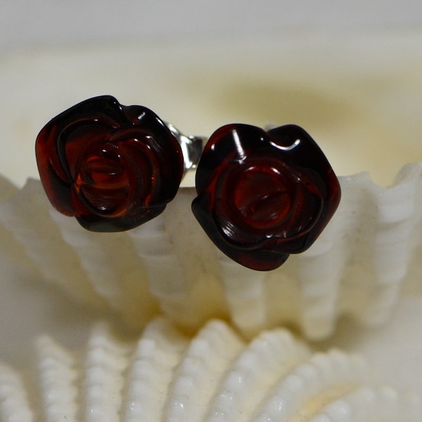 Rose Carved Stud  Earrings Honey Dark Brown Earrings Sterling Silver Gemstone Earrings