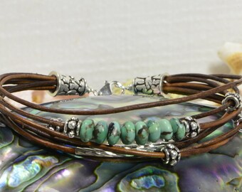 Nevada Turquoise Leather bracelet  Multi Strand Bracelet Bangle Bracelet Boho Jewelry Hippie Bracelet