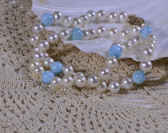 Larimar & Pearl Necklace Choker Necklace Knotted Beads Necklace Gemstone Necklace