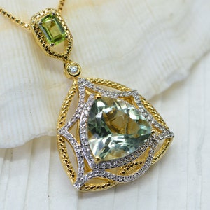 Pale Green Amethyst Natural Pendant Natural Peridot Emerald cutting Halo Style  Gold Vermeil Necklace