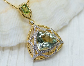 Pale Green Amethyst Natural Pendant Natural Peridot Emerald cutting Halo Style  Gold Vermeil Necklace