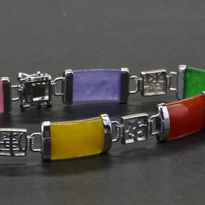 Burmese Red, Green, White  Jade Station Bracelet in Sterling Silver Link Jade Bracelet