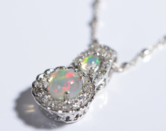 Ethiopian Welo Opal Pendant  White Zircon  in Platinum Over Sterling Silver 1.10 ctw Birthstone October