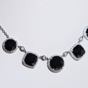 Black Spinel And White Zircon Halo Necklace Rhodium Over Sterling Silver Vintage Necklace