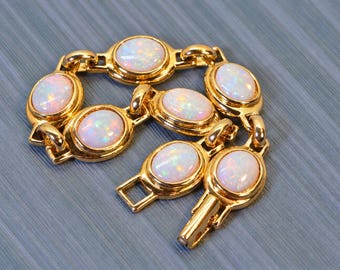 Natural Solid Australian White Opal Bracelet, 10x8mm Oval Opals, 14K Gold Plated Sterling Silver, Bezel Set, Genuine Opal Jewelry