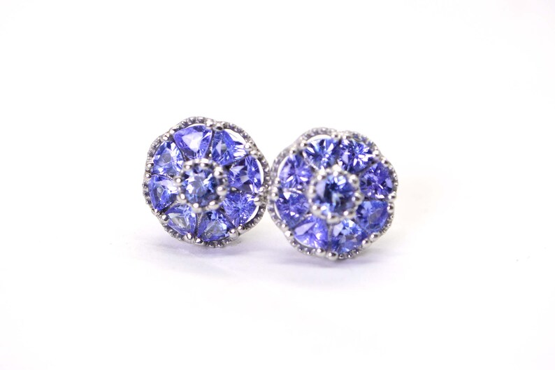 Genuine Tanzanite Flower Stud Earrings Trillion Cut Cluster Post Earrings Sterling Silver Birthstone December